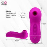 Dimensions of pink sucking massager - 12cm length, 4cm head height